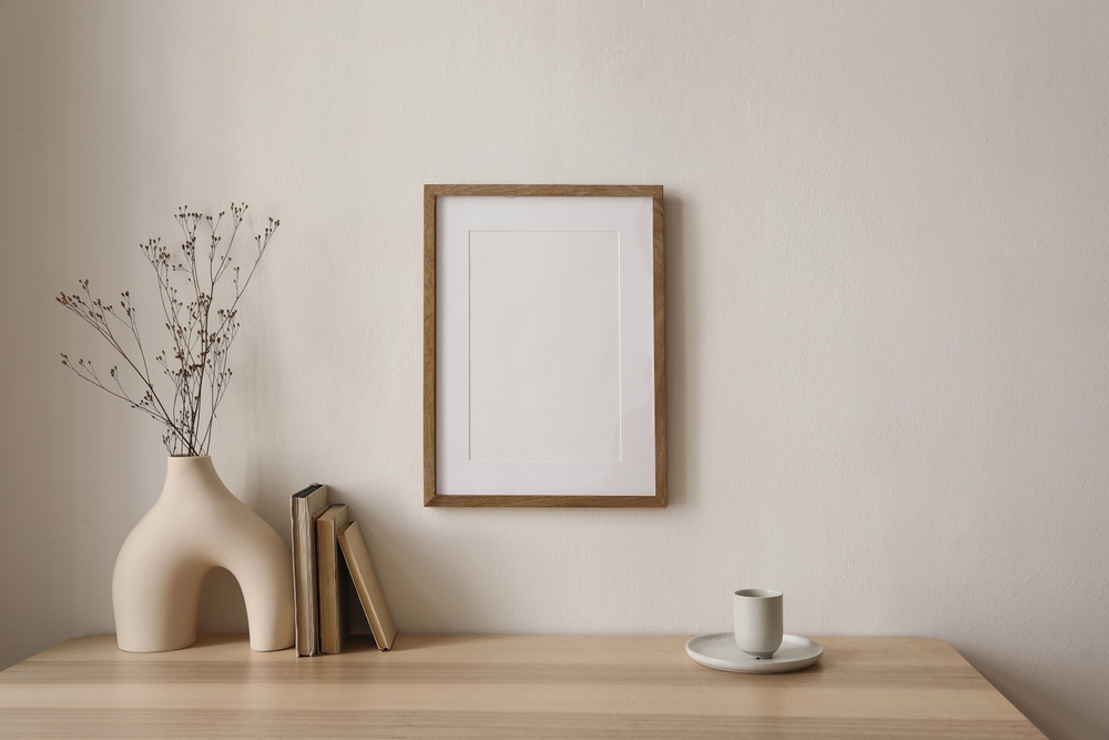 Empty,Wooden,Picture,Frame,Mockup,Hanging,On,Beige,Wall,Background.